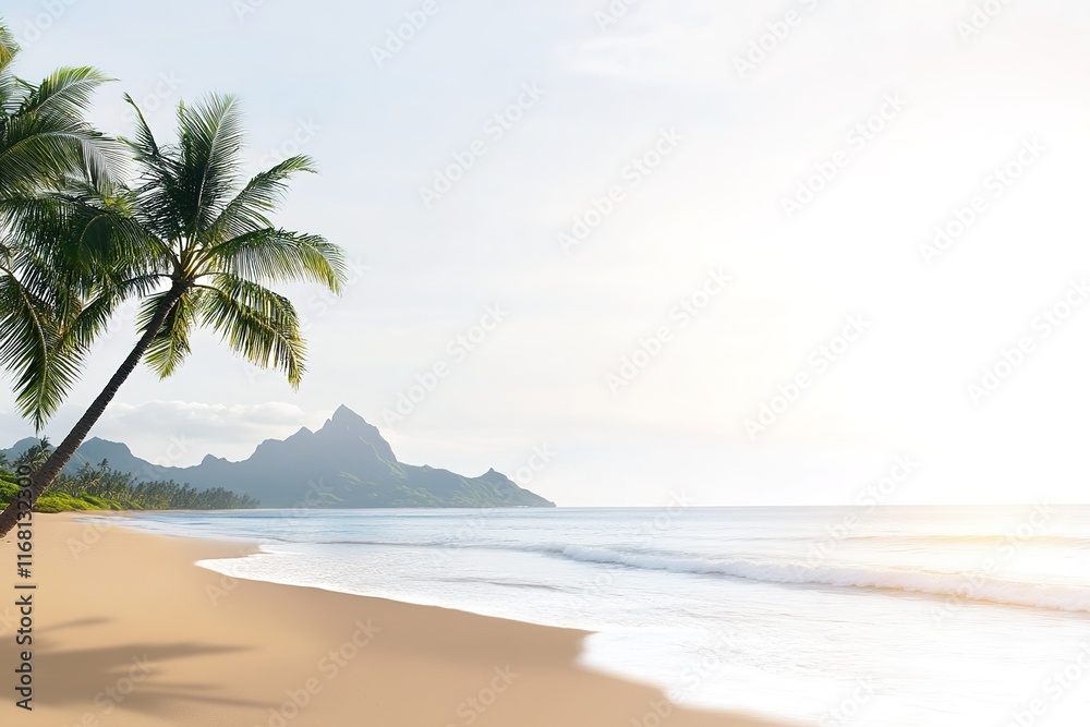Tranquil Tropical Beach Scene With Palm Trees and Mountains Tranquil Tropical Beach Scene With Palm Trees and Mountains