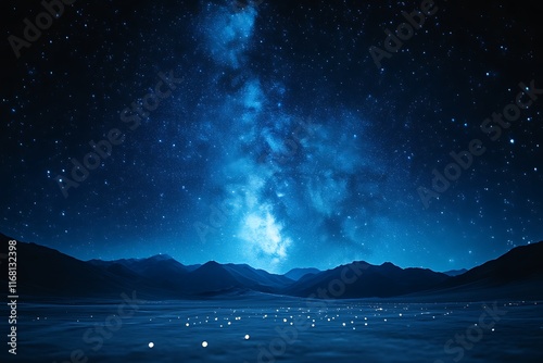 Night sky, Milky Way galaxy over mountains and lights.