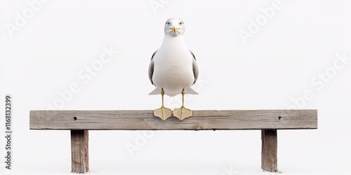 A solitary seagull rests on a weathered wooden bench set against a stark white backdrop. photo