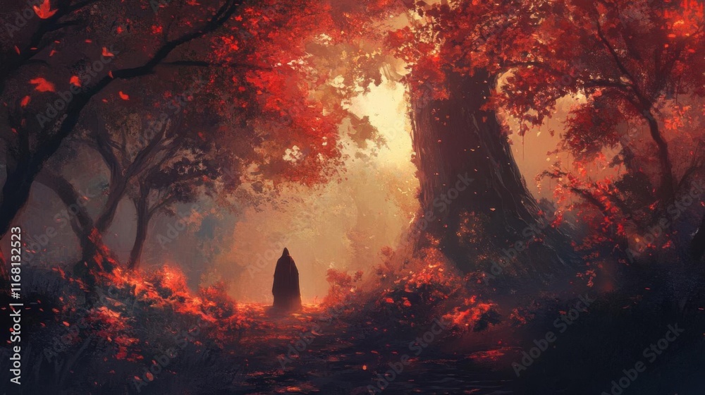 Obraz premium Mysterious figure in an enchanted forest with autumn foliage. Concept of fantasy and adventure.