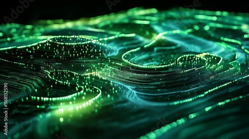 Abstract green glowing particles forming a wave-like pattern.