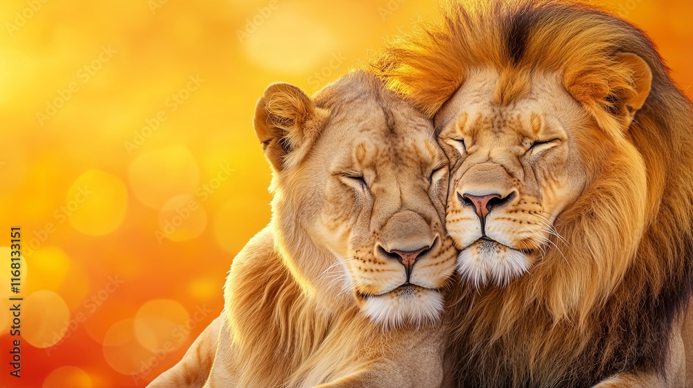 Fototapeta premium Two Lions Cuddling in Warm Sunset Glow