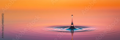 Water drop falling into calm water, creating ripples, sunset colors.