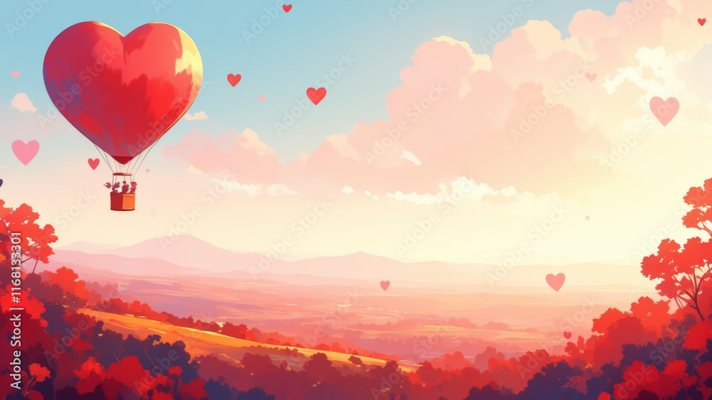 Fototapeta premium A heart-shaped hot air balloon floating over a scenic landscape, illustration background ,Valentine's Day concept.