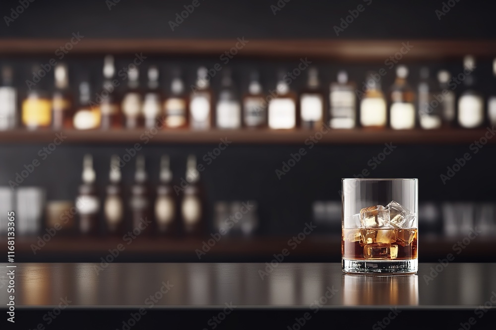 Whiskey drink on bar top with blurred liquor bottles background Whiskey drink on bar top with blurred liquor bottles background