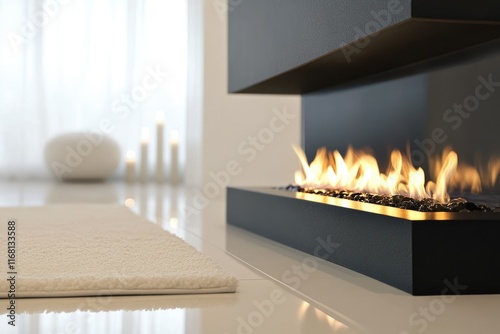 Modern minimalist living room with a built-in bioethanol fireplace, creating a warm and inviting atmosphere.