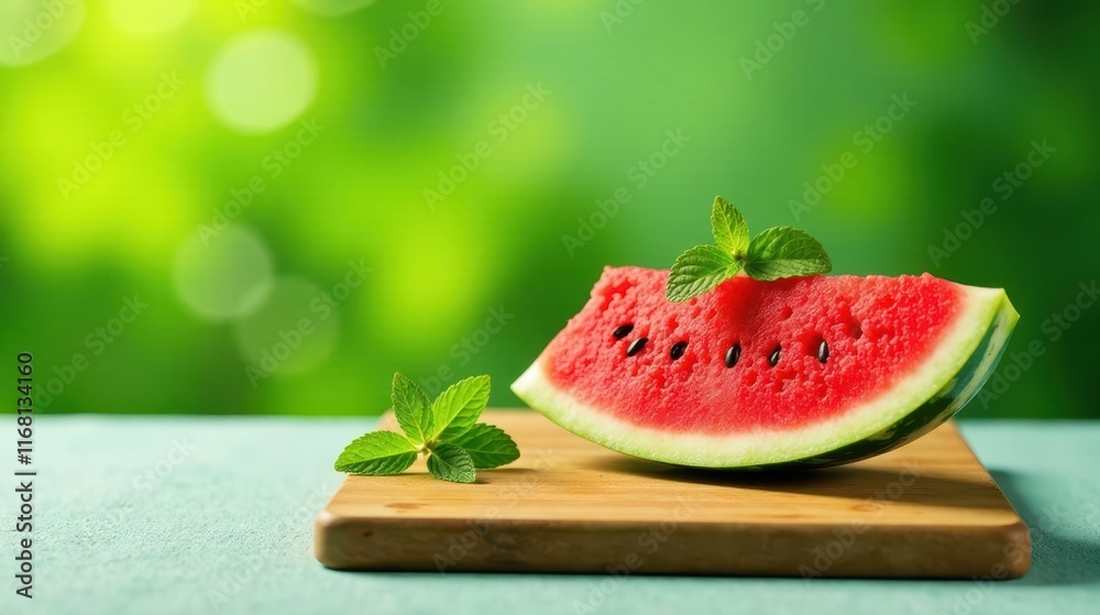 Refreshing Watermelon Slice on Wooden Board with Mint Garnish Against a Lush Green Background Refreshing Watermelon Slice on Wooden Board with Mint Garnish Against a Lush Green Background