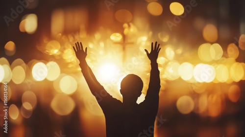 Worship God concept: Silhouette christian people hand rising over blurred cross on spiritual light background