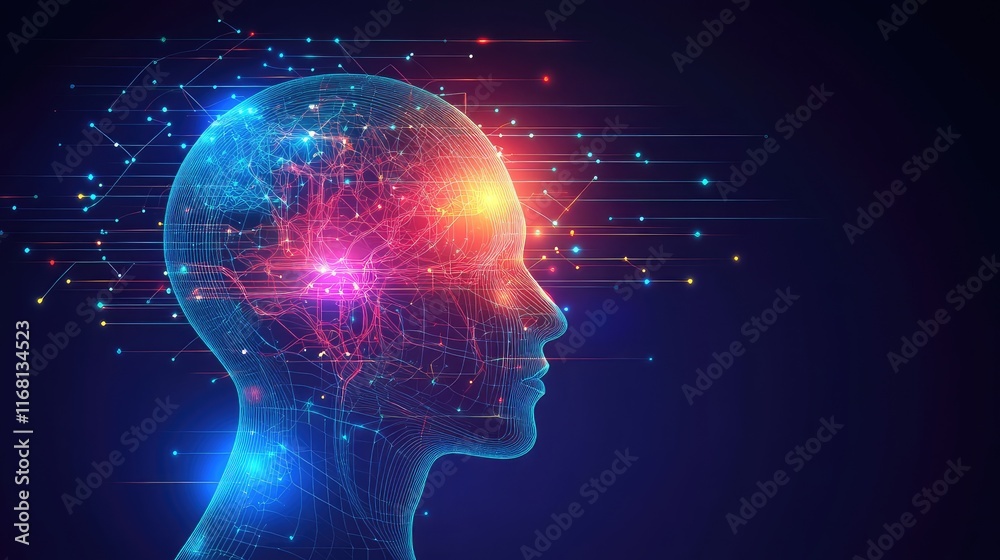 Abstract humanoid robot head with smooth, glowing neural circuits and metallic textures in a modern gradient design Abstract humanoid robot head with smooth, glowing neural circuits and metallic textures in a modern gradient design