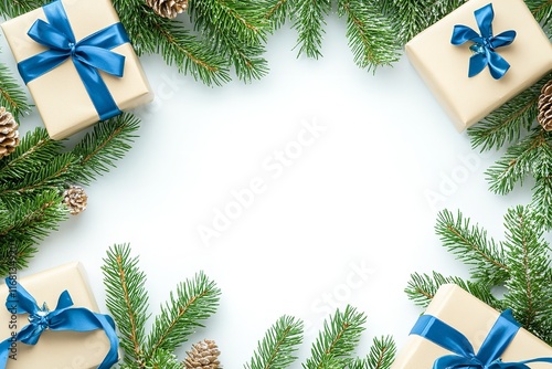 Christmas Frame Made of Gifts with Blue Ribbon and Pine Branches

 photo