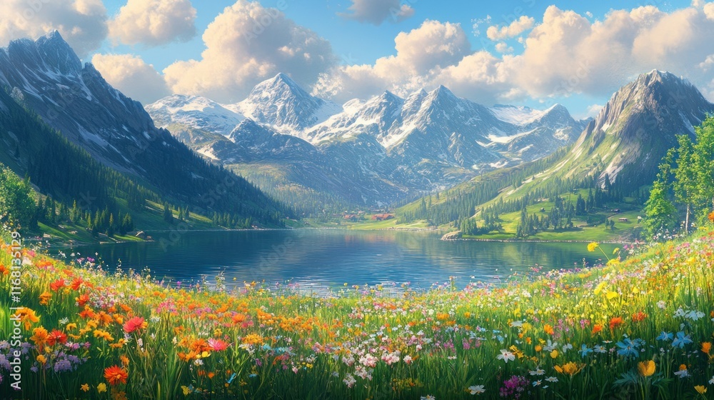 Obraz premium A scenic alpine panorama, a vast meadow of vibrant wildflowers, a serene lake reflecting the towering mountains in the background