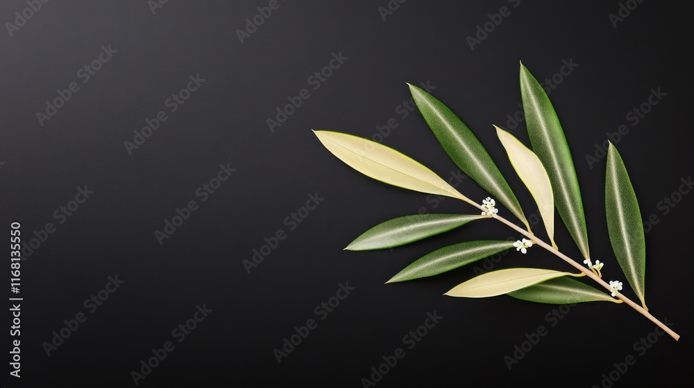 Fototapeta premium A branch with green and yellow leaves, featuring small white flowers.