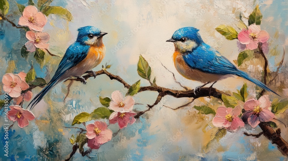 Vibrant Bluebirds Amidst Spring Blossoms: A Serene Oil Painting