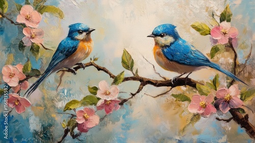 Obraz na płótnie Vibrant Bluebirds Amidst Spring Blossoms: A Serene Oil Painting w salonie