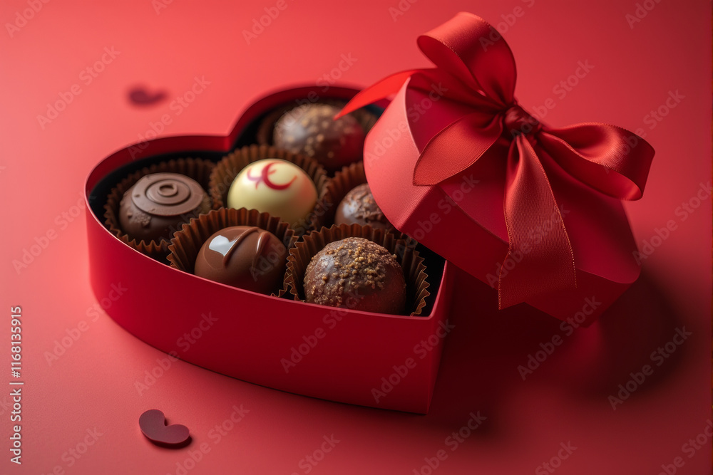 A heart-shaped box of chocolates with a red ribbon, close-up shot, delicious treats, Valentine's Day gift, studio lighting, detailed textures. A heart-shaped box of chocolates with a red ribbon, close-up shot, delicious treats, Valentine's Day gift, studio lighting, detailed textures.