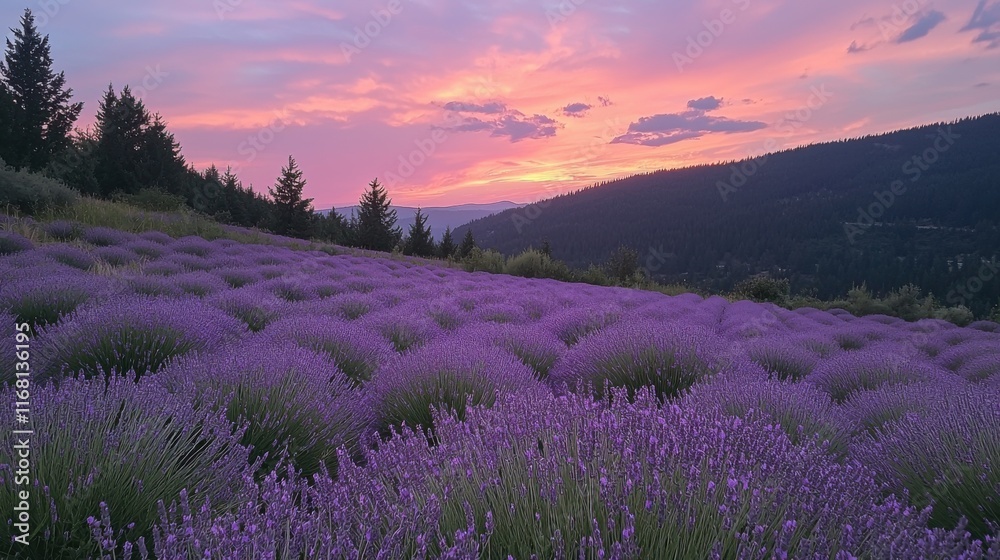 Fototapeta premium Lavender blooming event in scenic field nature photography serene pink sunset viewpoint