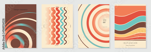Collection of 70s color gradient poster background vector. Set of retro wall decoration, groovy, trippy, geometric shape. Vintage hippie wall art for interior, decorative, banner, cover, card.