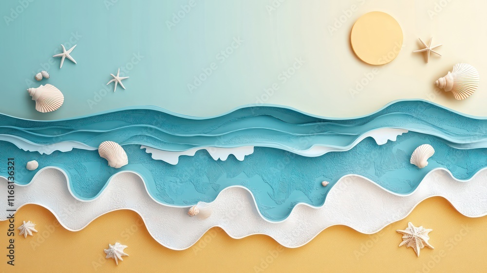 A paper-cut sea shells and starfish on the beach cut Art Style 3d A paper-cut sea shells and starfish on the beach cut Art Style 3d