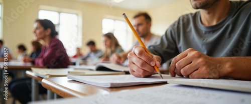 Thoughtful student holding pencil in exam hall, focused ambiance