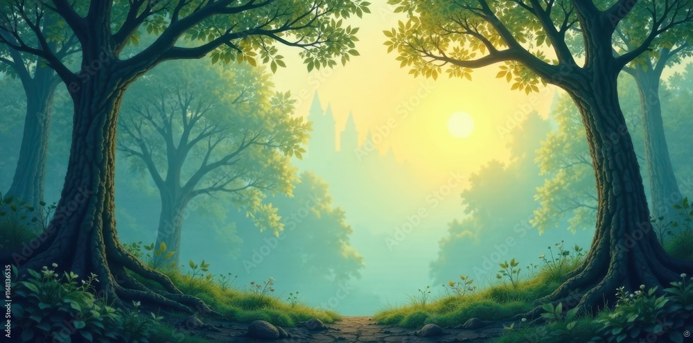 Fototapeta premium A Mystical Forest Path at Dawn, Leading to a Distant, Misty Structure, Enveloped in Serene Morning Light, With Lush Greenery and Ancient Trees