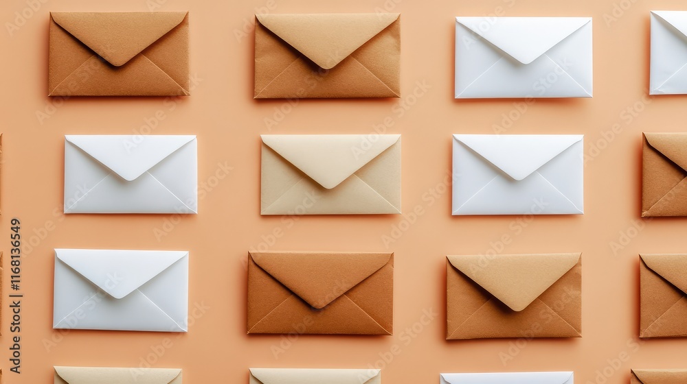 A flat lay of blank envelopes in pastel shades, arranged symmetrically on a neutral background with ample copy space A flat lay of blank envelopes in pastel shades, arranged symmetrically on a neutral background with ample copy space