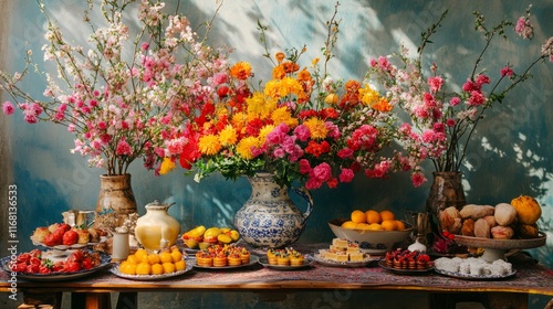 Wallpaper Mural Bright Nowruz celebration with colorful flowers, sweets, and traditional ornaments  Torontodigital.ca