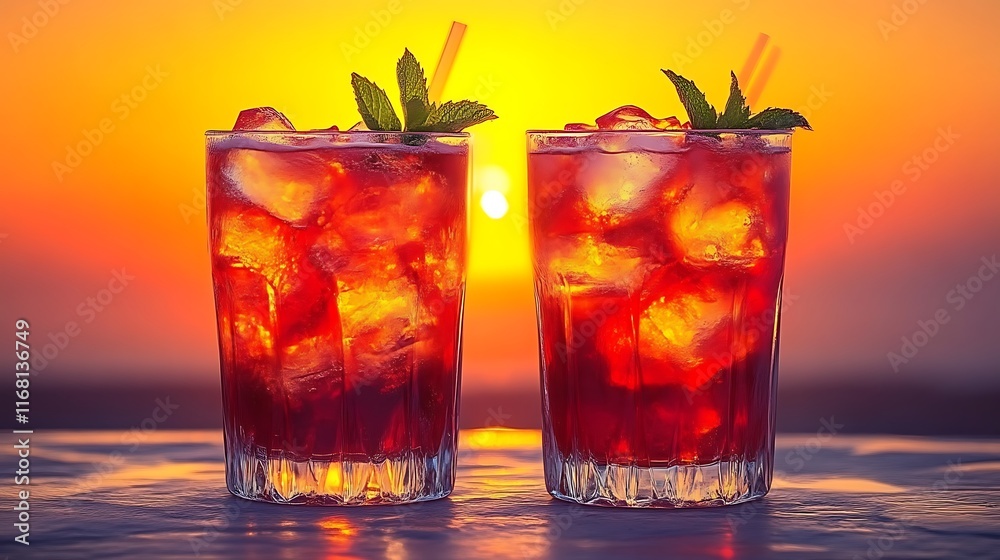 Two iced cocktails at sunset. Two iced cocktails at sunset.