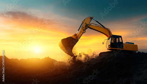 Excavator digging earth at sunrise construction site industrial machinery outdoor dynamic action scene
