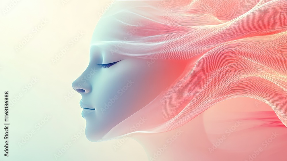 A minimalistic face profile made of flowing, soft lines, symbolizing softness and serenity, placed on a simple pastel gradient background A minimalistic face profile made of flowing, soft lines, symbolizing softness and serenity, placed on a simple pastel gradient background