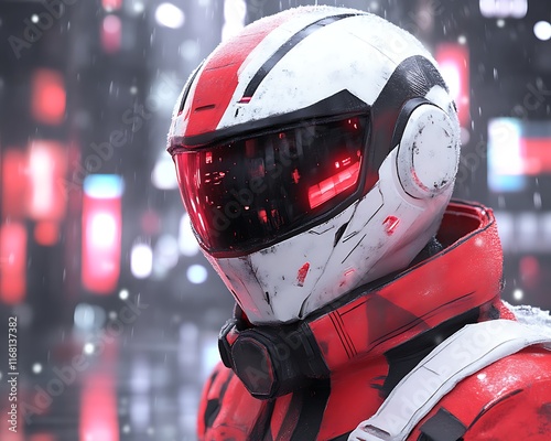 Futuristic red and white helmet in snowy city. photo