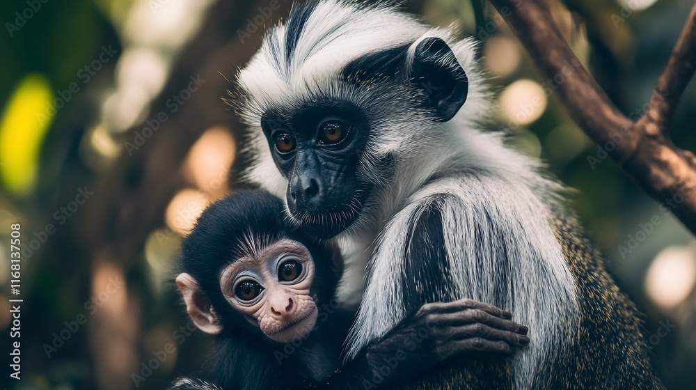 Obraz premium Close-up of a mother monkey gently holding her baby.