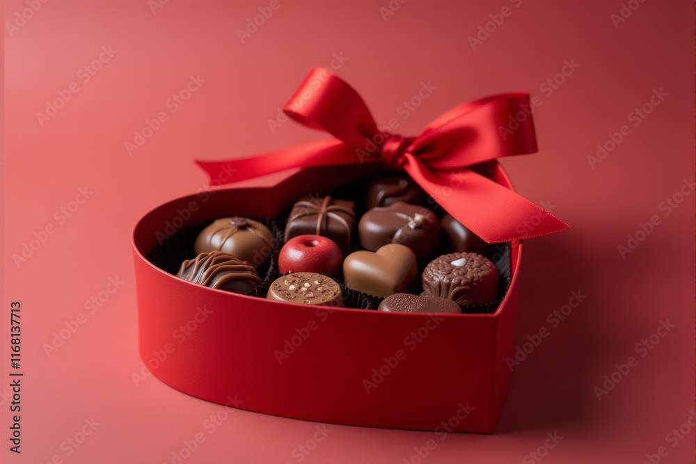 A heart-shaped box of chocolates with a red ribbon, close-up shot, delicious treats, Valentine's Day gift, studio lighting, detailed textures. A heart-shaped box of chocolates with a red ribbon, close-up shot, delicious treats, Valentine's Day gift, studio lighting, detailed textures.