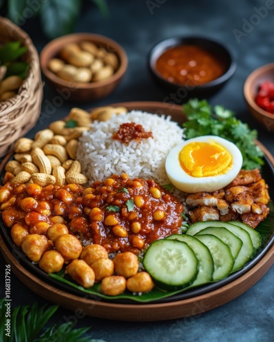Delicious Nasi Lemak, a vibrant Malaysian dish featuring fragrant rice, rich sambal, crispy fried chicken, peanuts, and cucumbers.  Perfect for food blogs and culinary publications.