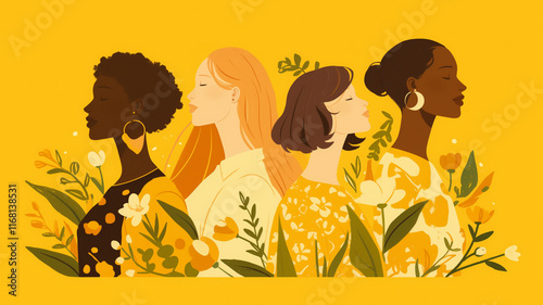 Illustration image of four women with yellow flowers symbolizing International Women's Day