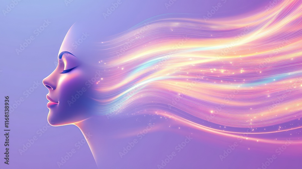 Obraz premium A soft, glowing face silhouette surrounded by light streaks, representing calm and clarity, set on a smooth gradient background with copy space