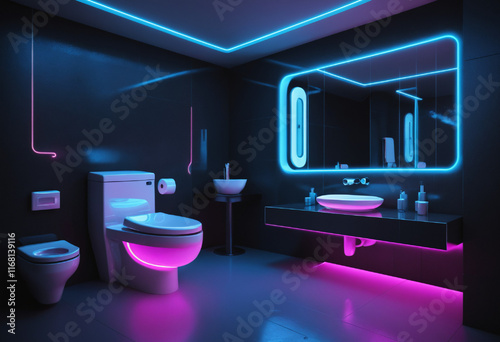 bathroom with modern sci fi and futuristic toilet neon lights generative ai photo