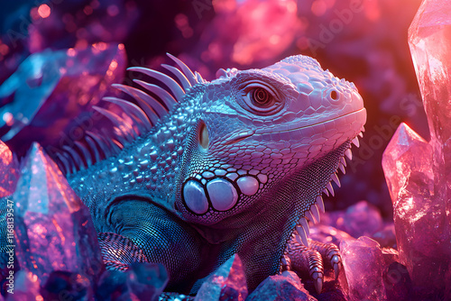 Iguana Among Crystals: A Surreal Digital Artwork photo