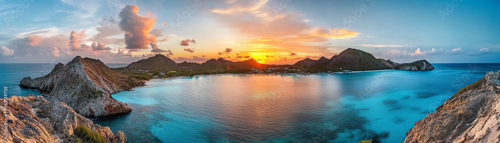 Stunning panoramic view of an island at sunset over a tranquil ocean. Stunning panoramic view of an island at sunset over a tranquil ocean.