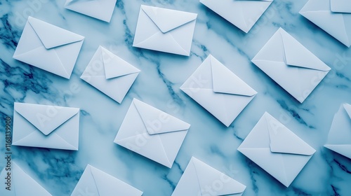 Clean flat lay of white envelopes and cards arranged neatly on a marble background, creating a luxurious yet simple look