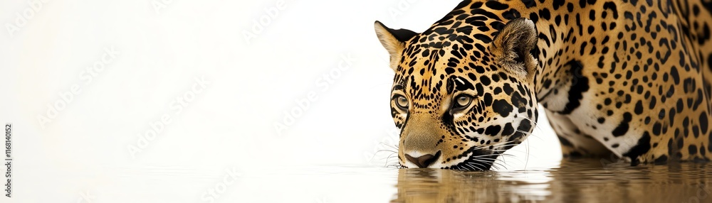 Jaguar drinking water, white isolate background. Jaguar drinking water, white isolate background.