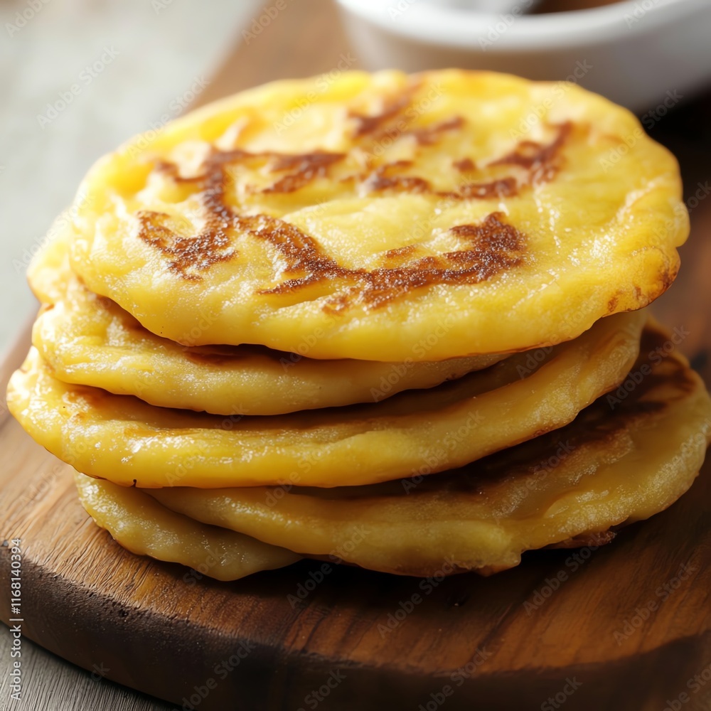 Stack of delicious golden pancakes on a wooden board. Stack of delicious golden pancakes on a wooden board.