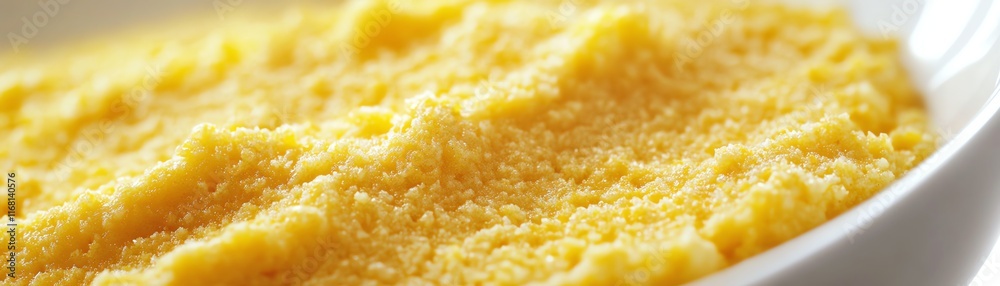 Close-up of fine yellow cornmeal in a white bowl, isolated on a clean background. Close-up of fine yellow cornmeal in a white bowl, isolated on a clean background.