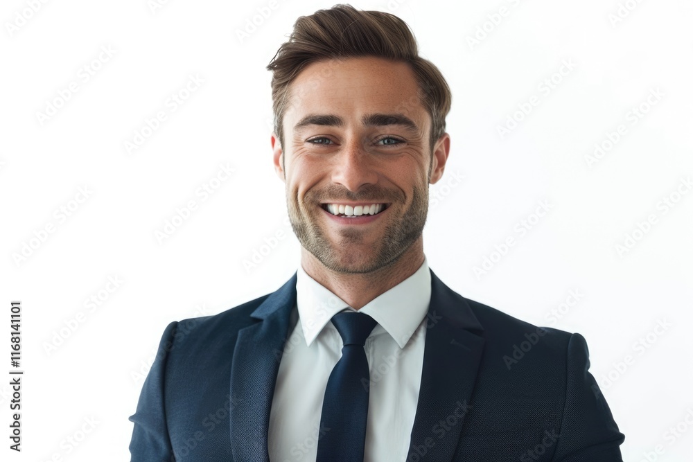 Handsome man in suit smiling confidently at camera.