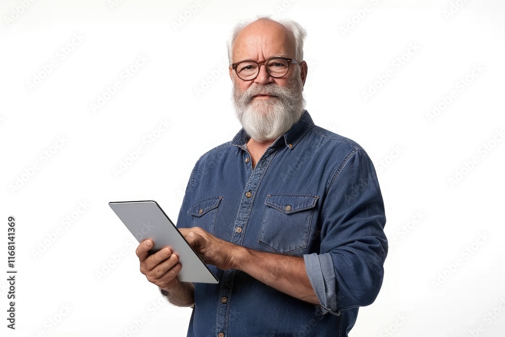 Senior Caucasian man uses tablet for remote work and learning. Senior Caucasian man uses tablet for remote work and learning.