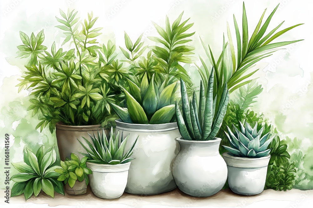 Fototapeta premium This vibrant arrangement of houseplants showcases the beauty of indoor gardening. Perfect for adding life to any space, these green companions thrive indoors.