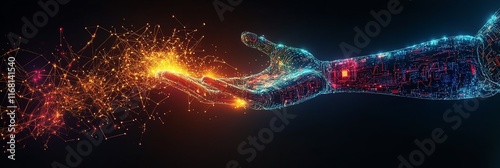 Abstract glowing hand reaching for energy sparks.