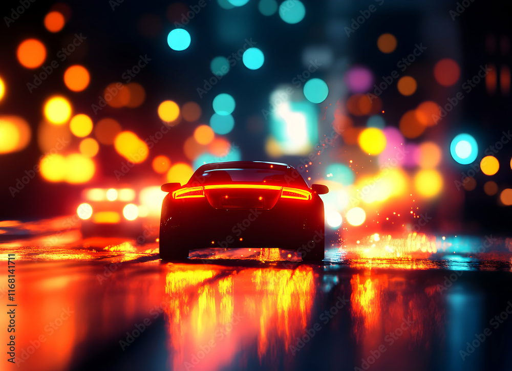 Naklejka premium Night Drive in the City: A Silhouette of a Car on a Wet Road at Night