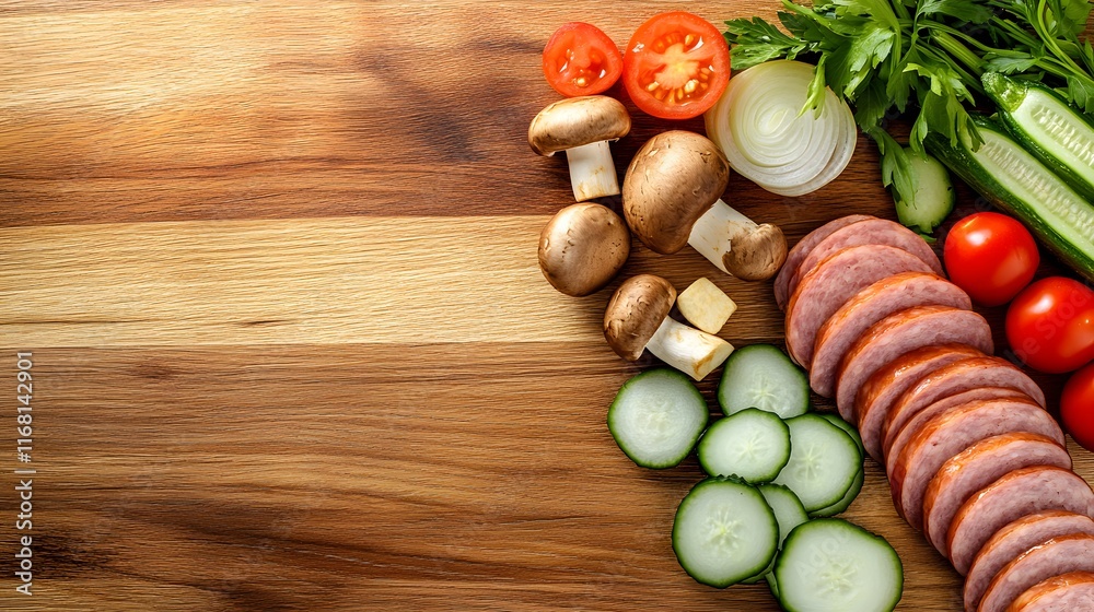 Sliced sausage with mushrooms tomatoes cucumbers and parsley on wood Sliced sausage with mushrooms tomatoes cucumbers and parsley on wood