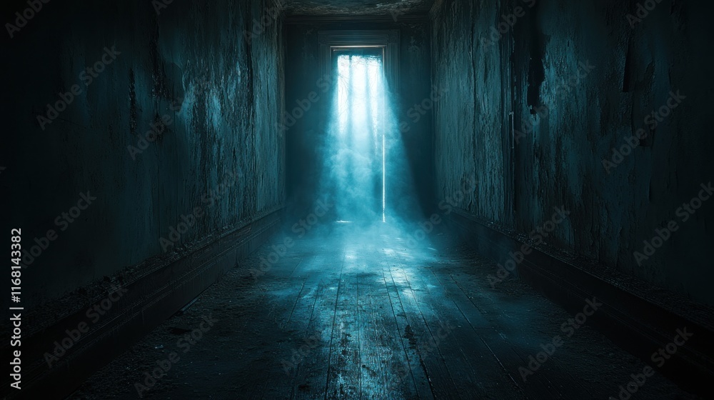 Corridor with glowing light beams and mist creating an eerie atmosphere Corridor with glowing light beams and mist creating an eerie atmosphere