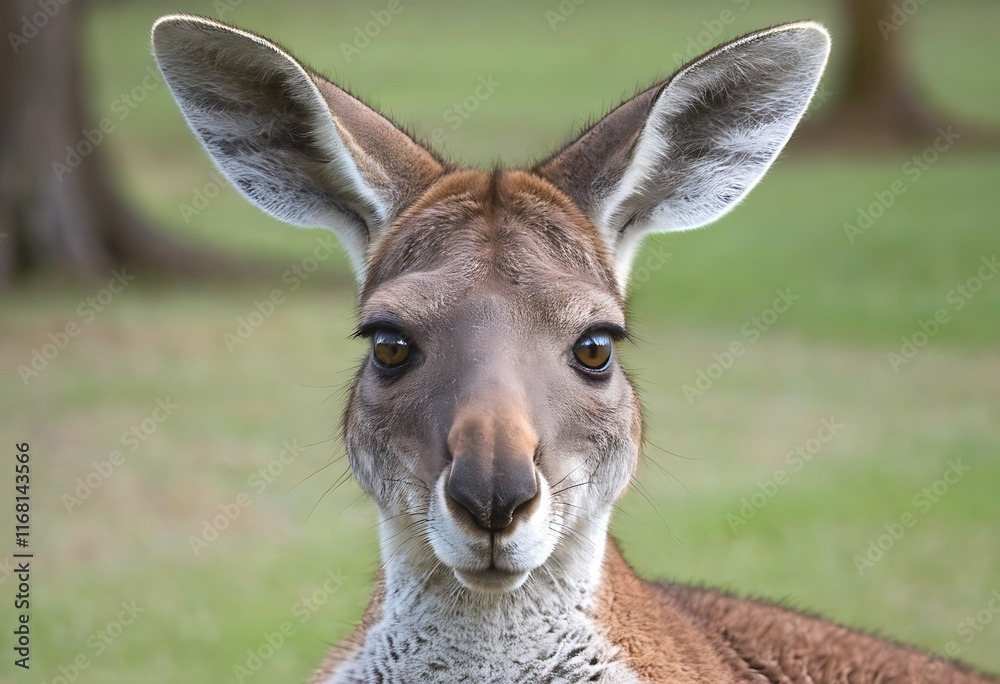 Fototapeta premium Close-up of a curious kangaroo in a natural setting. A captivating close-up portrait of a kangaroo showcasing its expressive eyes and attentive gaze